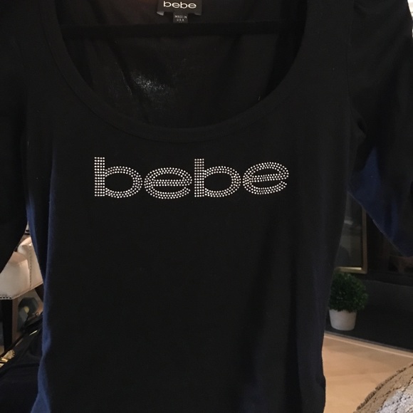 BEBE logo black puff sleeve top size Medium - Picture 2 of 5